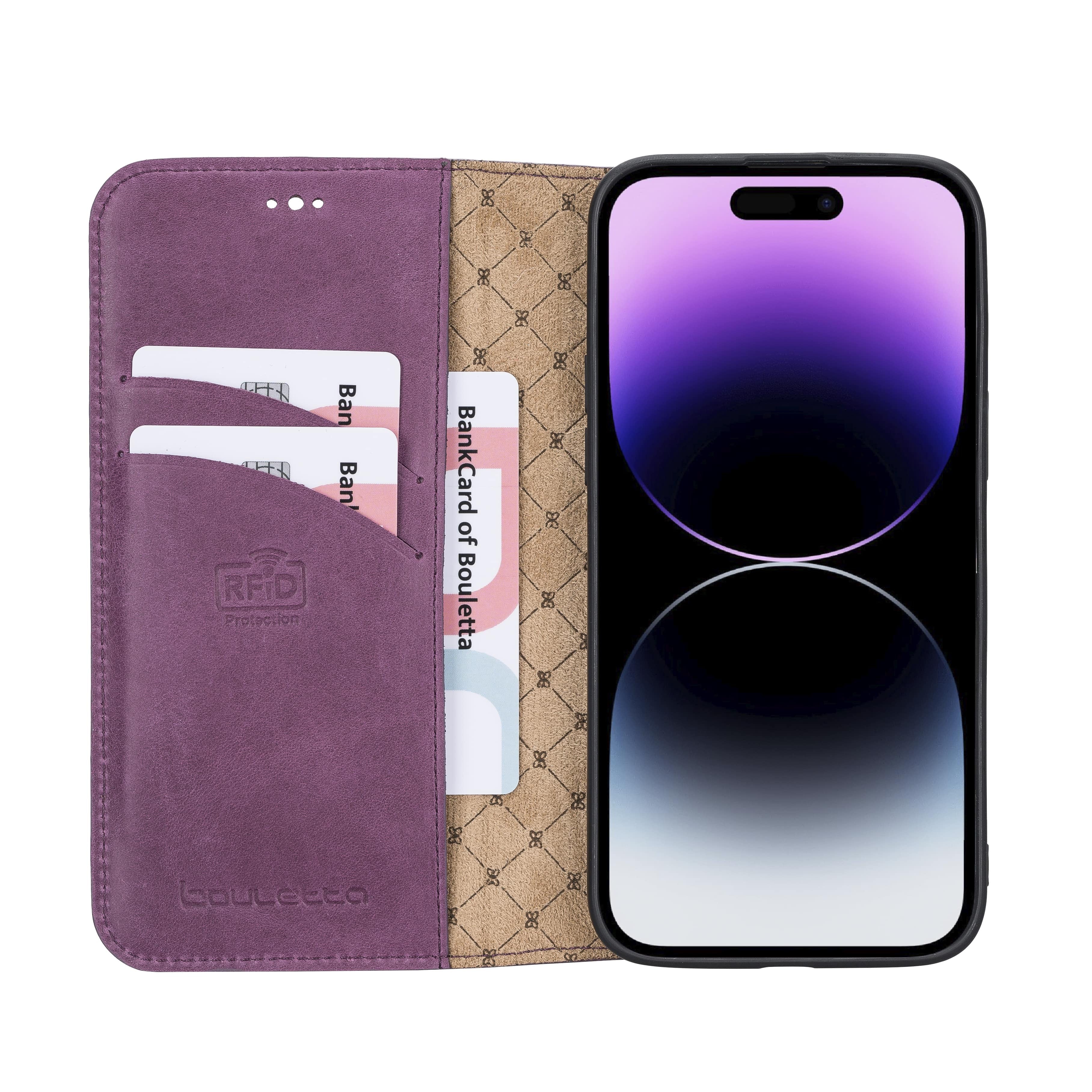 iPhone 14 Pro Bouletta Brooks Leder Slim Etui Lila
