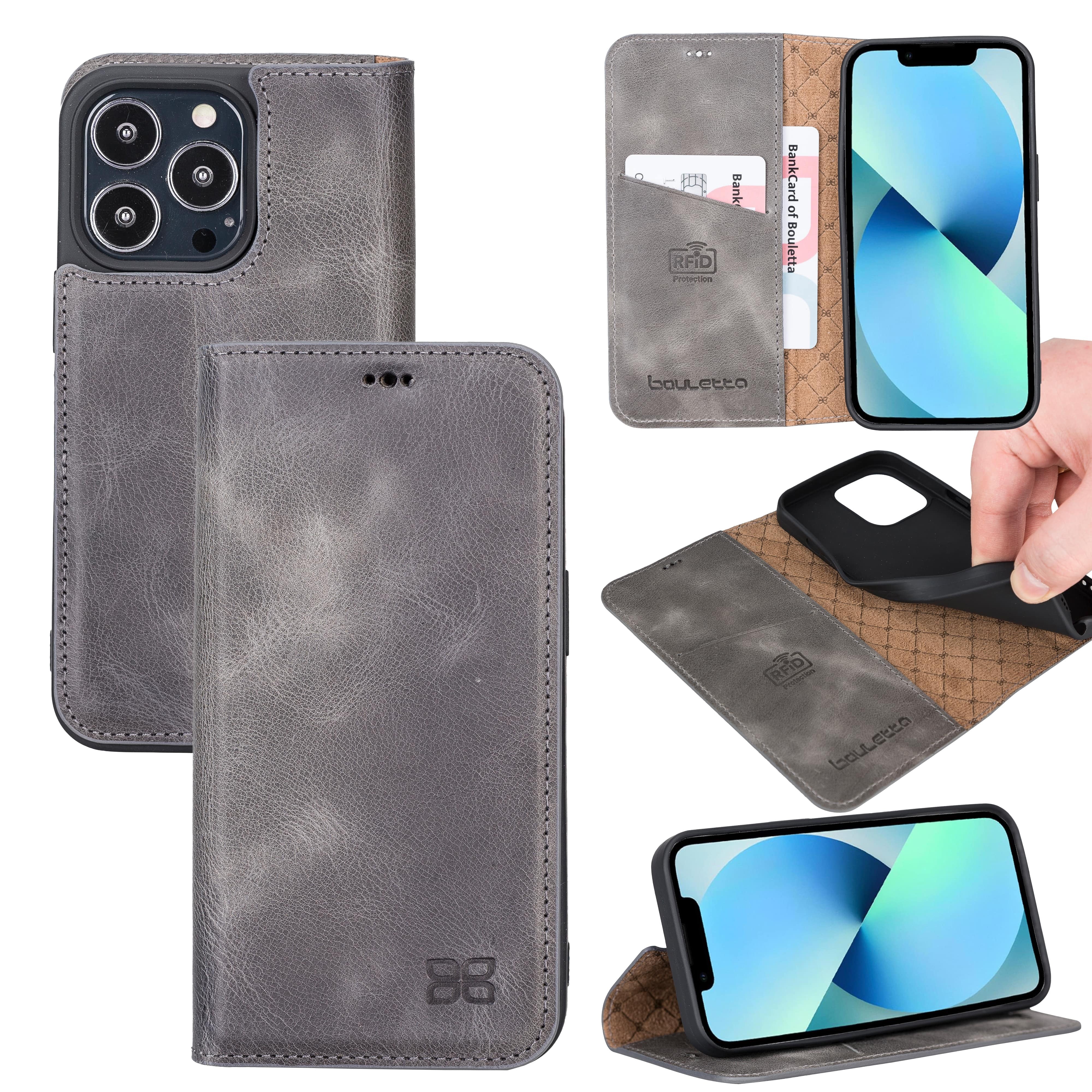iPhone 13 Pro Bouletta Brooks Leder Slim Etui Grau