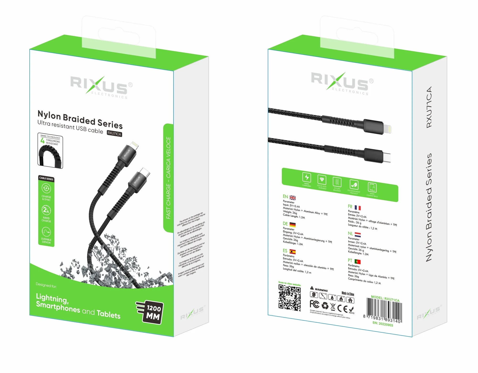 Rixus RXU71C Nylon Geflochtenes USB-C zu USB-C Kabel (120cm, 60W) – Schnellladen &amp; Datenübertragung - Phonebazaar