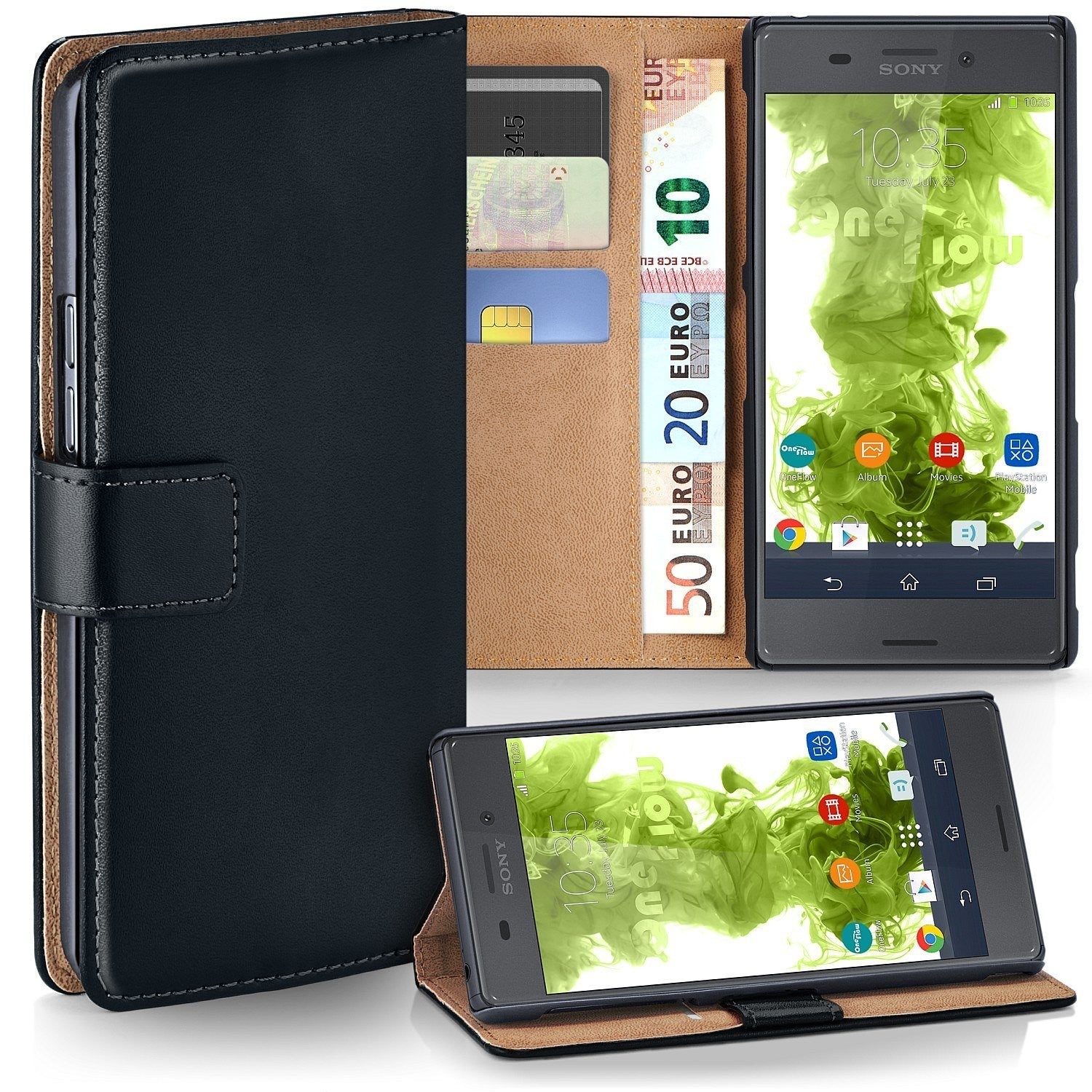 Book Wallet Leder Tasche Hülle Kartenfach Schwarz