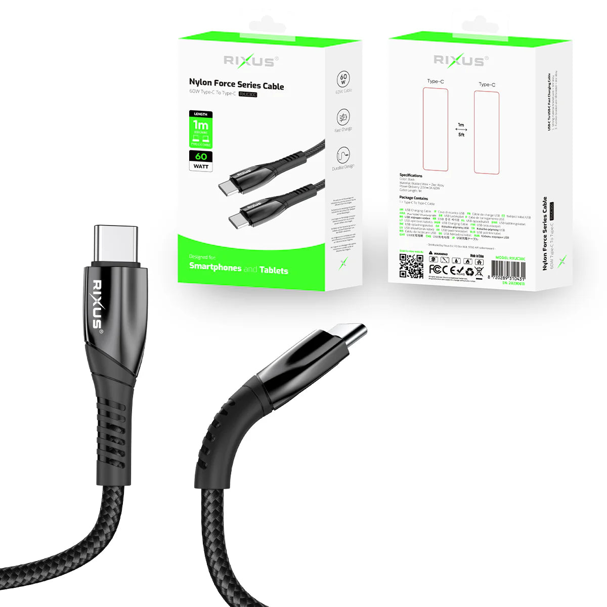 Rixus  Legierung USB-C Datenkabel (100cm, 60W, Schwarz) - Phonebazaar