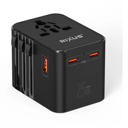 Rixus RX3425 World Travel Adapter 25W mit 2x USB-C + 1x USB-A – Schwarz
