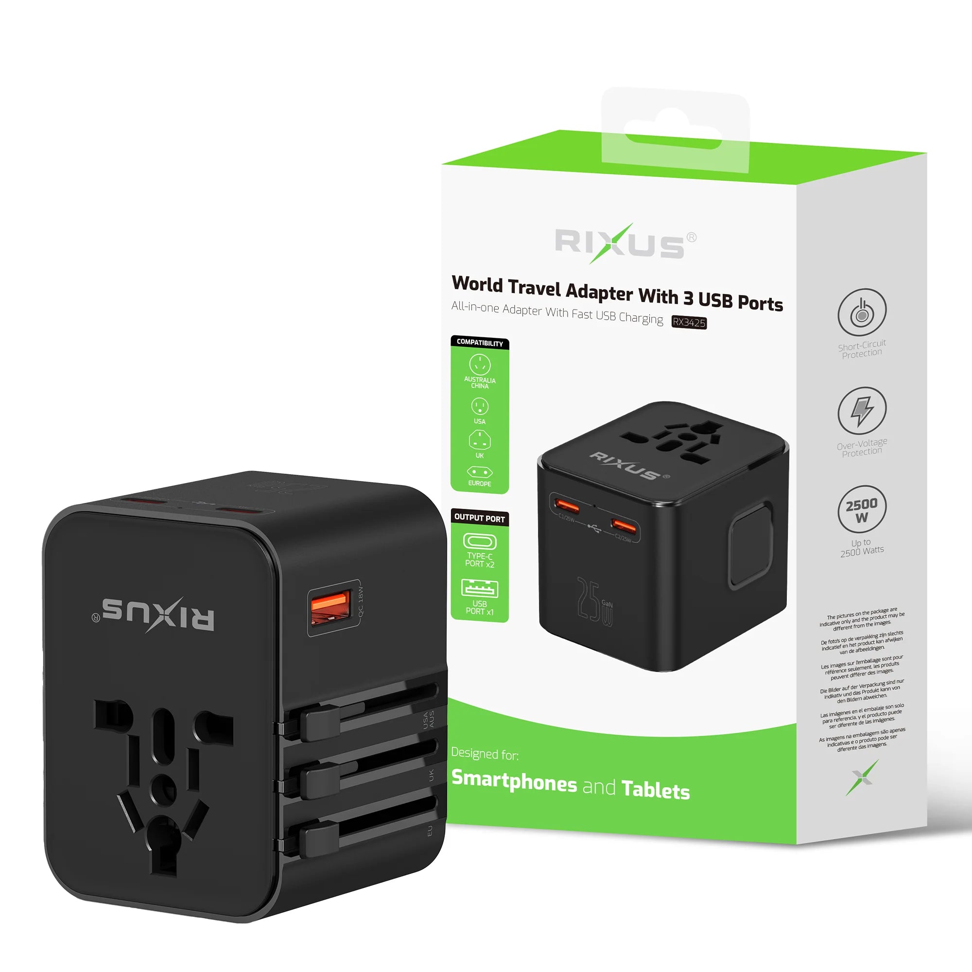 Rixus RX3425 World Travel Adapter 25W mit 2x USB-C + 1x USB-A – Schwarz