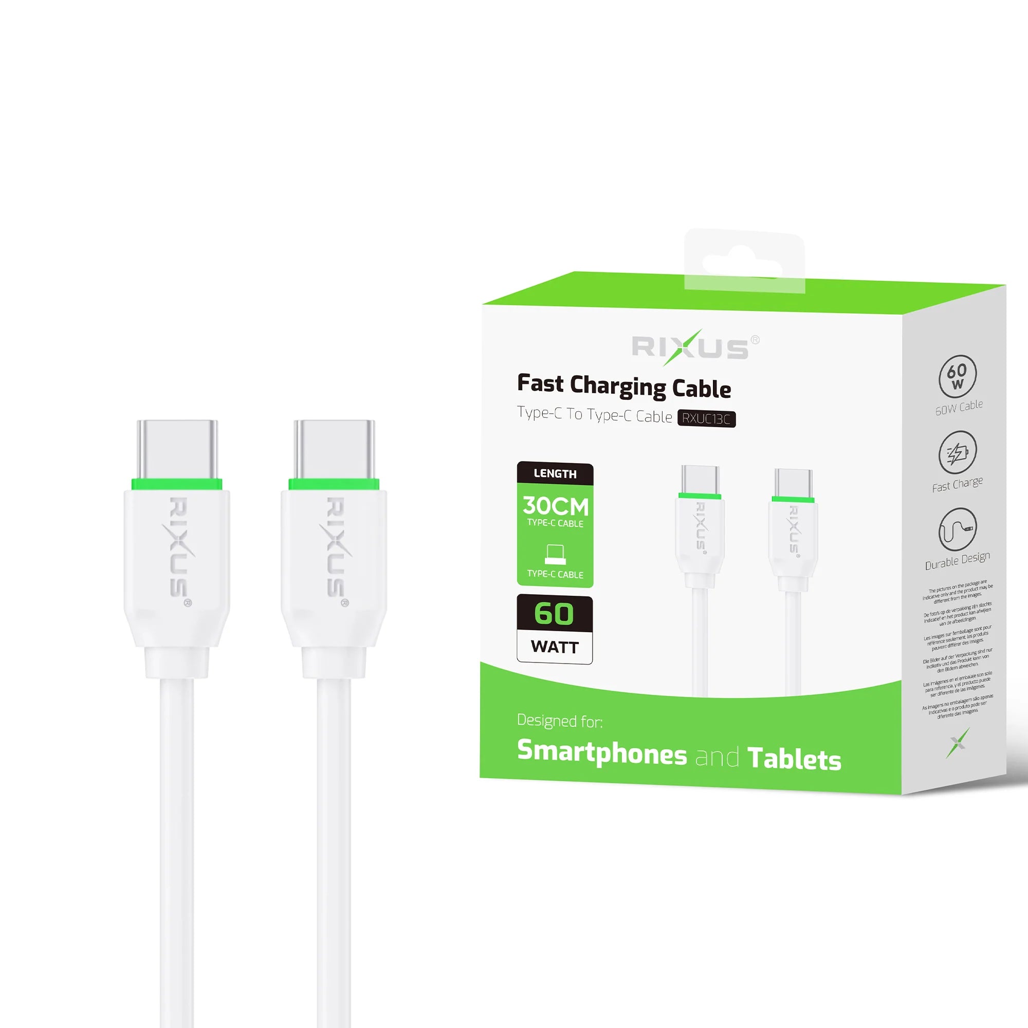 Rixus Lightning Ladekabel – USB C auf USB C, 30cm, Weiss