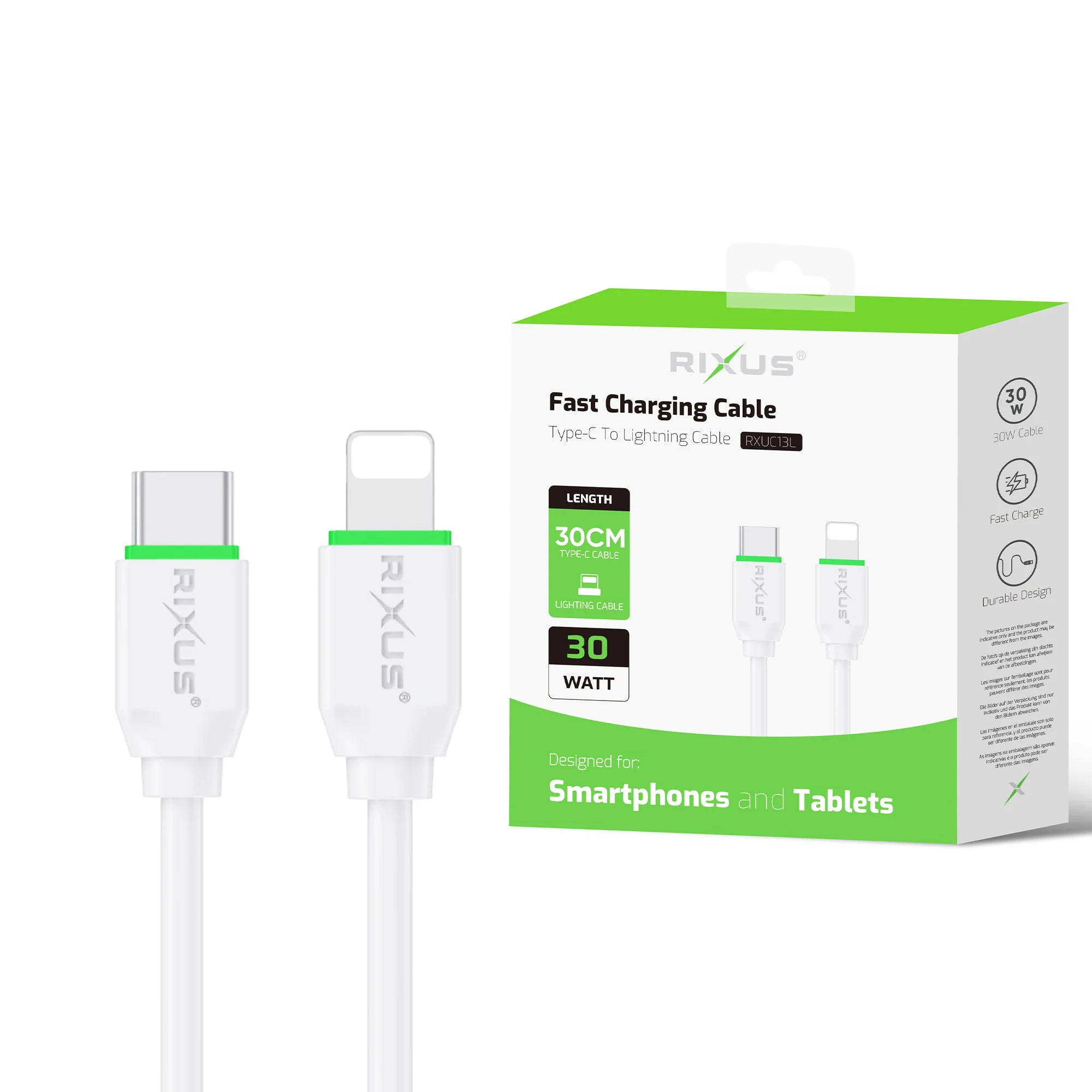 Rixus Lightning Ladekabel – USB-C, 30cm, Weiss