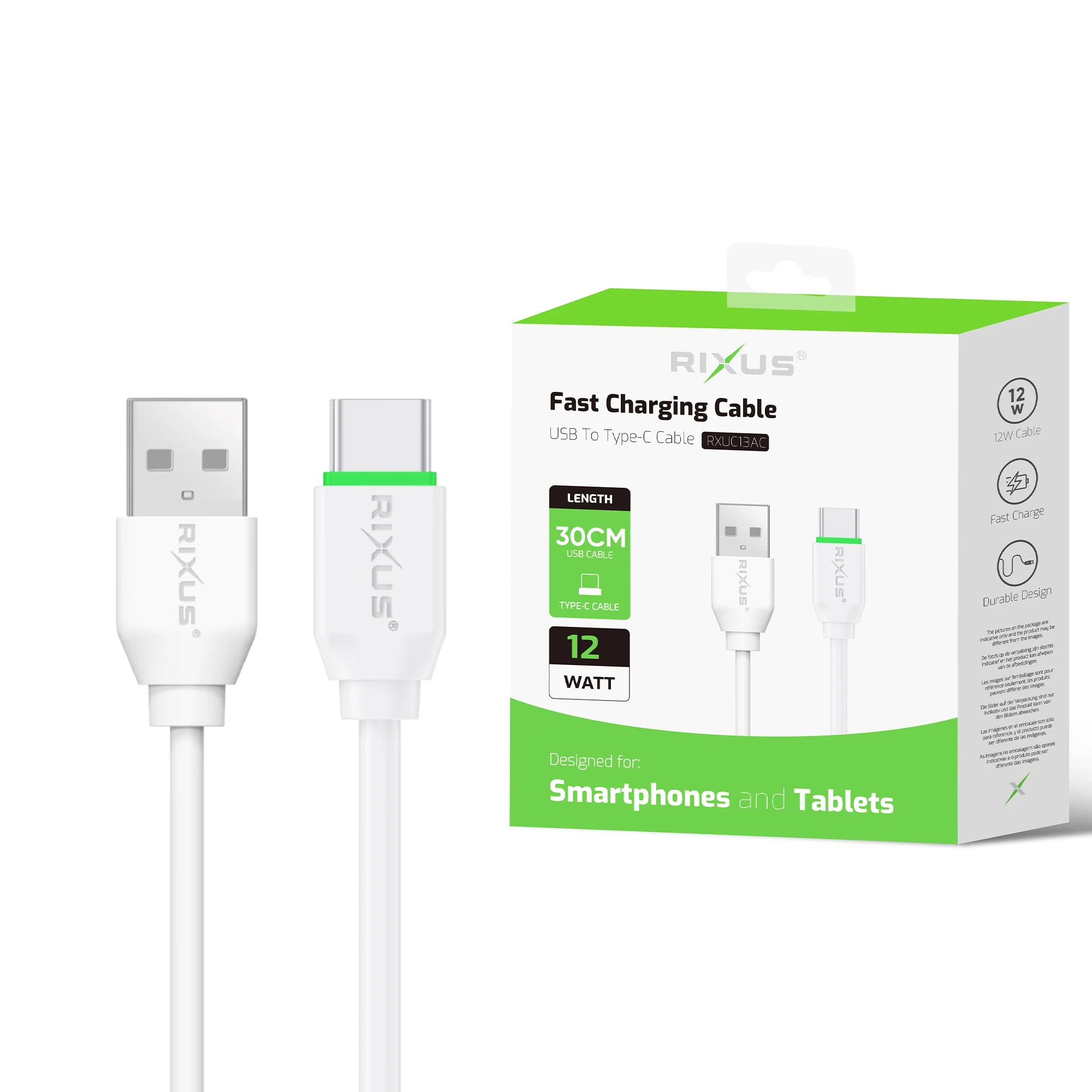 Rixus  USB-A zu USB-C Ladekabel, 30cm, Weiss