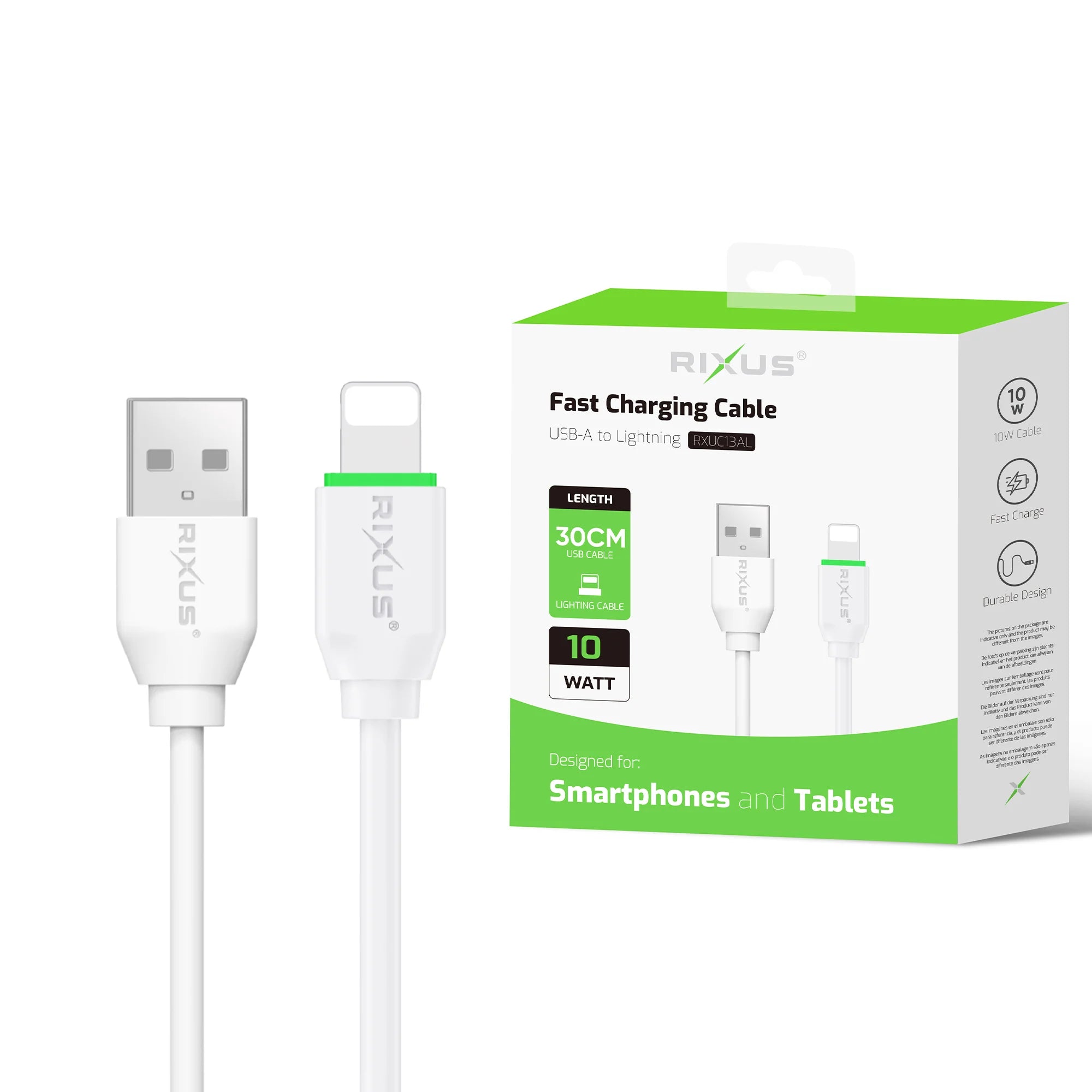 Rixus Lightning Ladekabel – USB-A, 30cm, Weiss