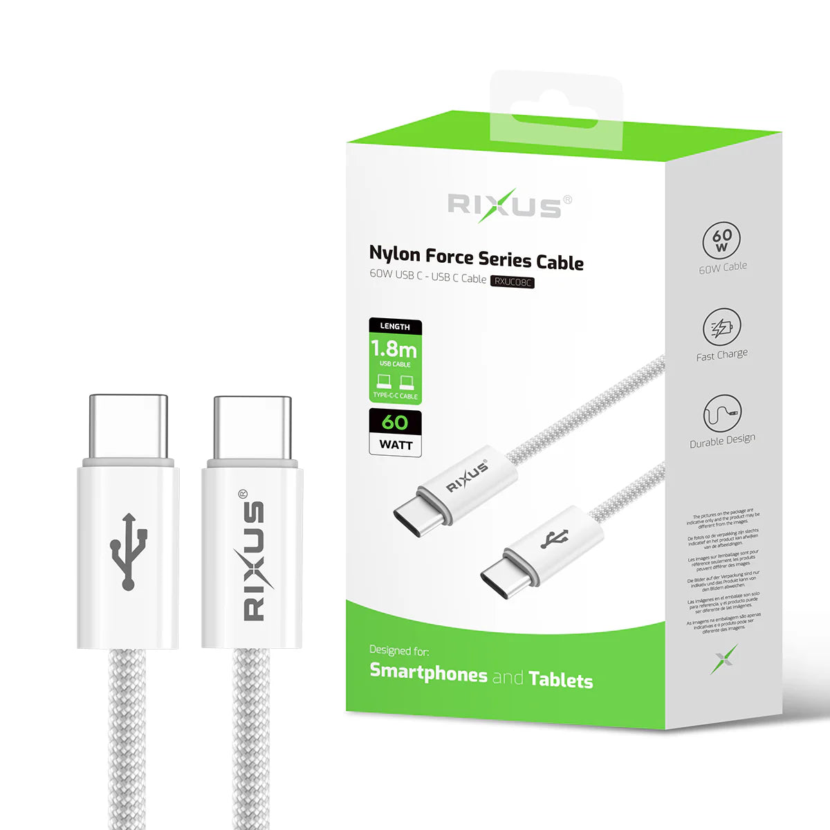 Rixus Schnellladekabel – USB-C zu USB-C, 180cm, Weiss, Geflochtenes Nylon