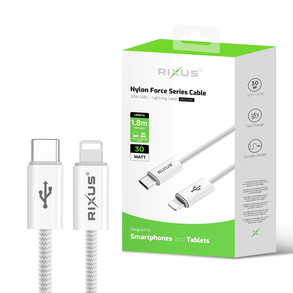 Rixus Schnellladekabel – USB-C zu Lightning, 180cm, Weiss, Geflochtenes Nylon