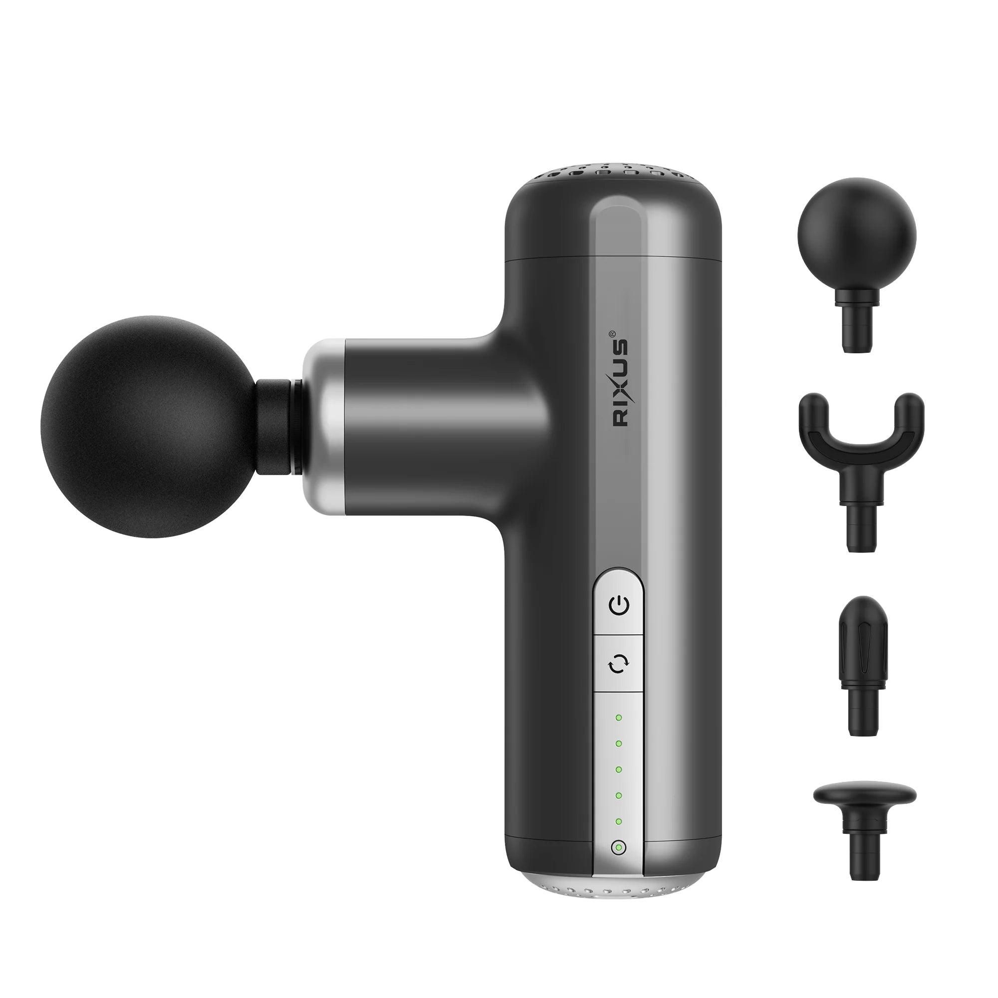 Rixus RXMG01 Mini Massage Gun Pro, kompakte Massagepistole schwarz mit verschiedenen Aufsätzen und Intensitätskontrolle.