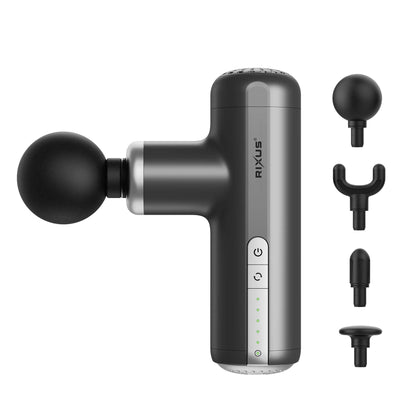 Rixus RXMG01 Mini Massage Gun Pro, kompakte Massagepistole schwarz mit verschiedenen Aufsätzen und Intensitätskontrolle.