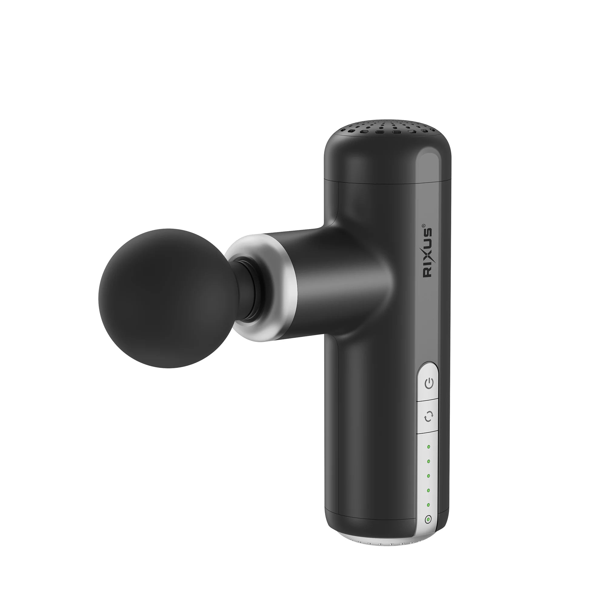 Rixus RXMG01 Mini Massage Gun Pro – kompakte Massagepistole schwarz mit einstellbaren Intensitätsstufen.