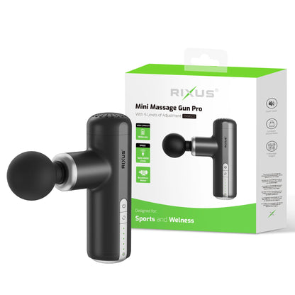Rixus RXMG01 Mini Massage Gun Pro, kompakte Massagepistole schwarz mit 5 einstellbaren Intensitätsstufen.