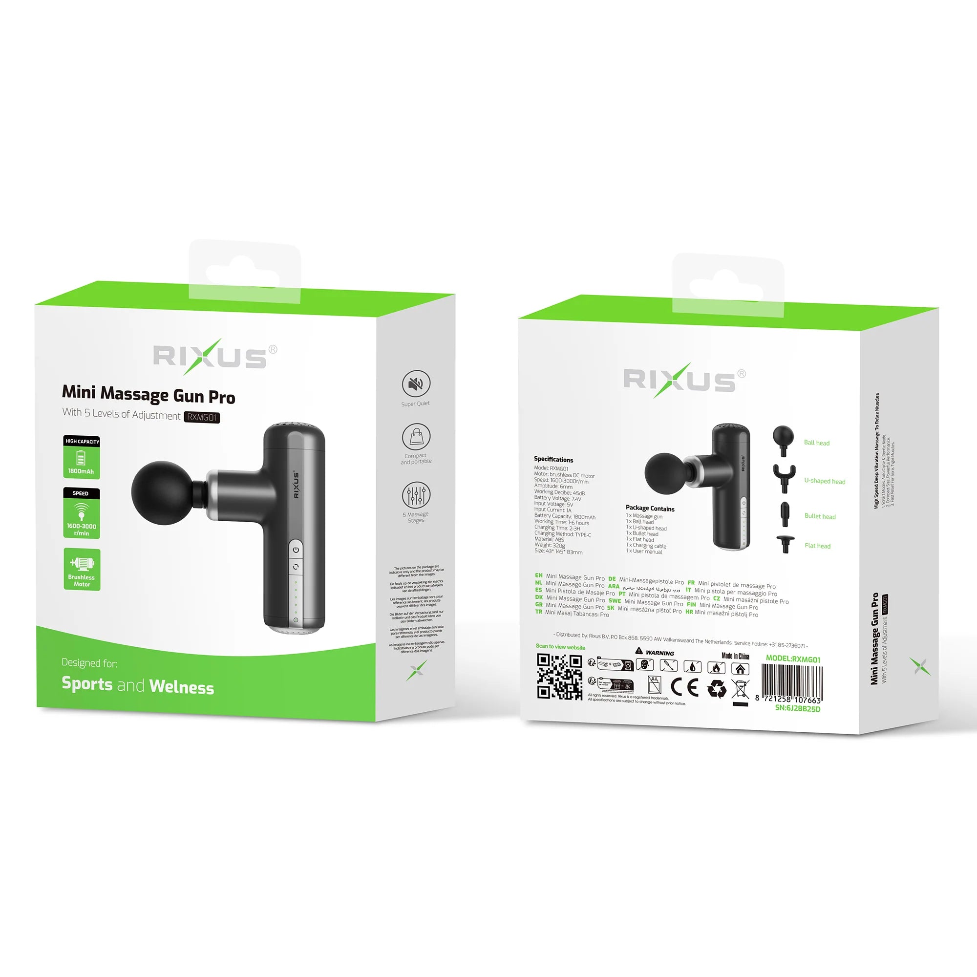 Rixus RXMG01 Mini Massage Gun Pro – kompakte Massagepistole schwarz, Verpackung mit Spezifikationen und Zubehör.