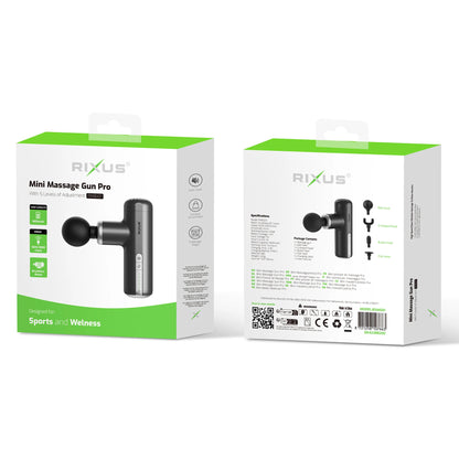 Rixus RXMG01 Mini Massage Gun Pro – kompakte Massagepistole schwarz, Verpackung mit Spezifikationen und Zubehör.