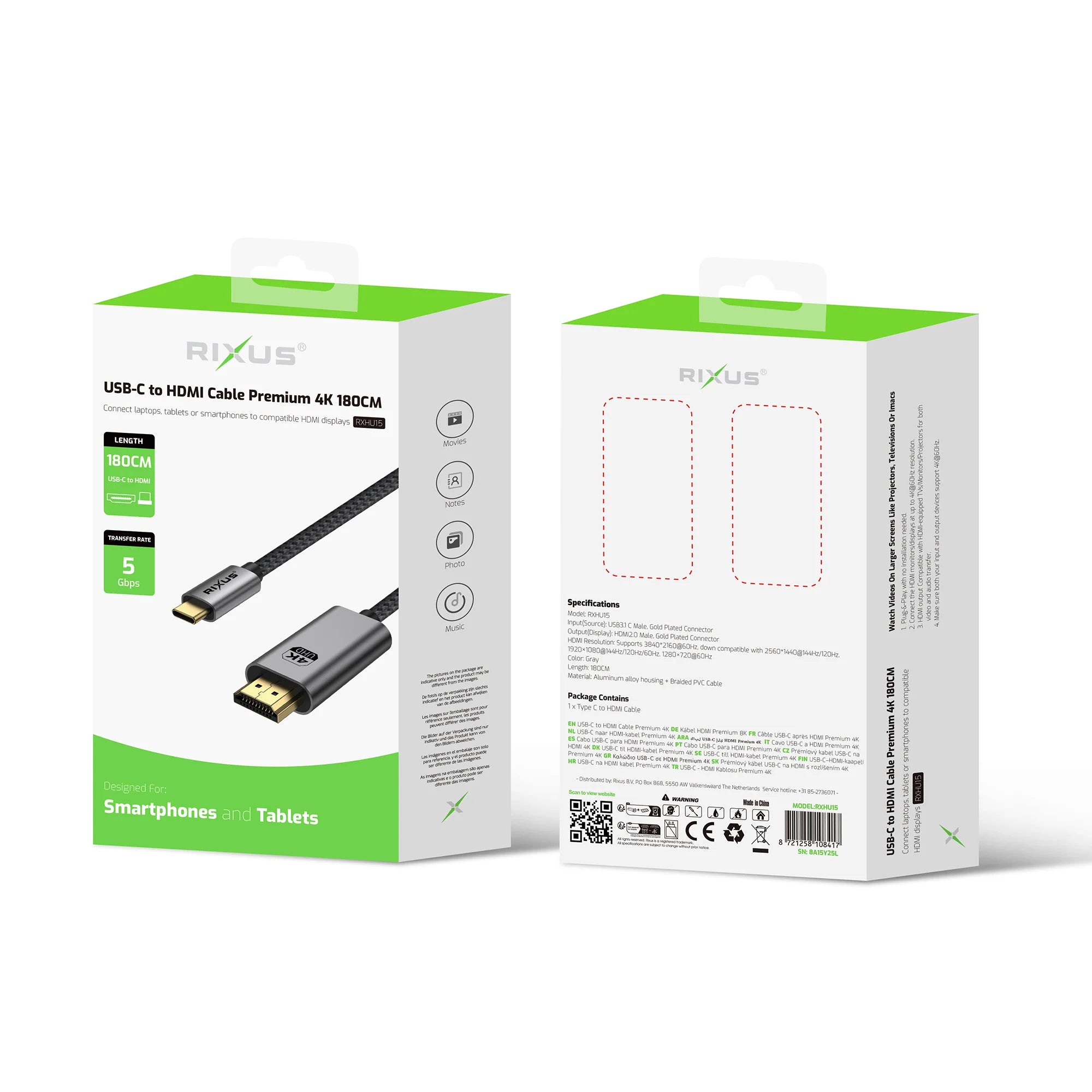 Rixus RXHU15 USB-C zu HDMI Kabel 4K Premium 1,8m in Verpackung für Smartphones und Tablets.