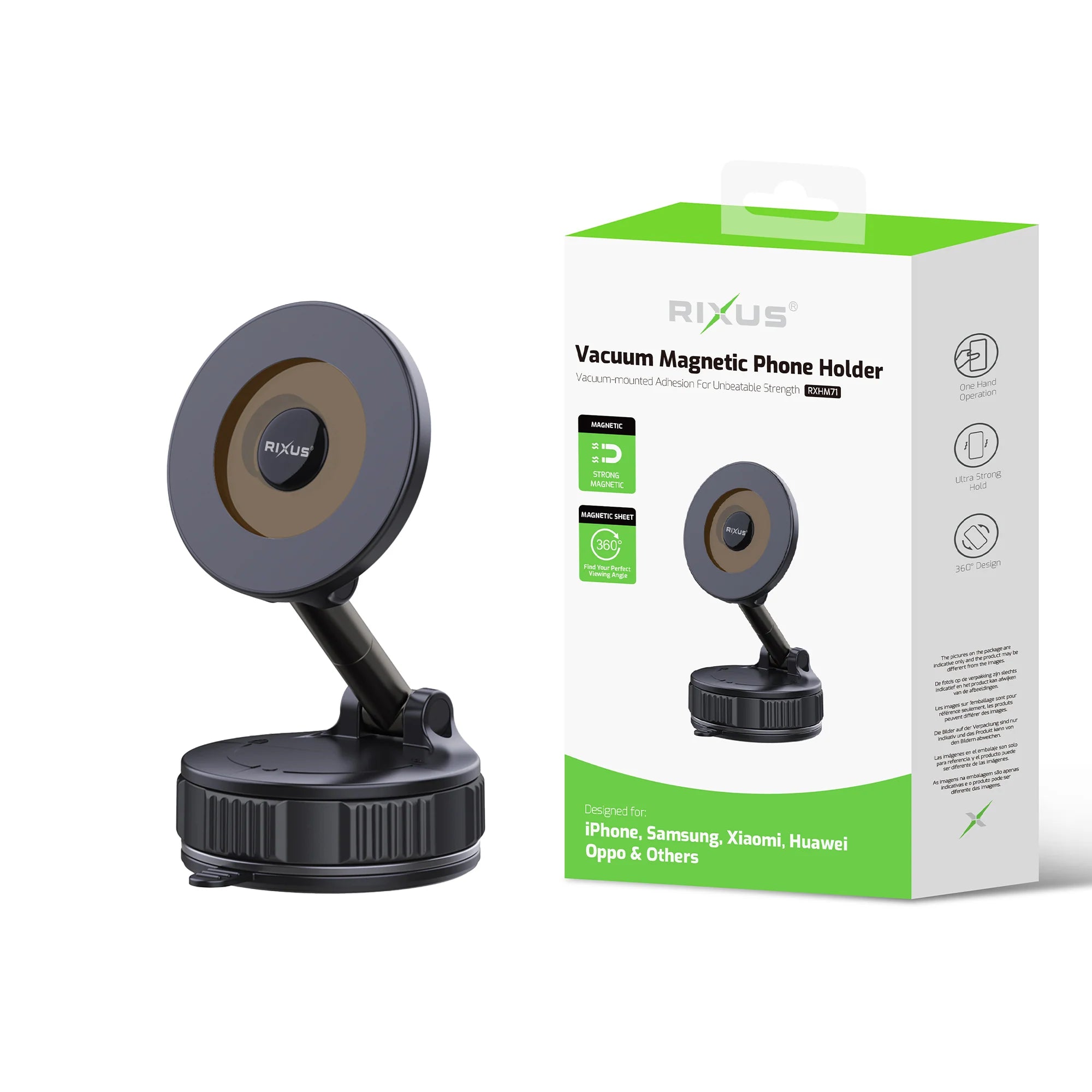 Vacuum Magnetic Phone Holder mit der magnetischen Handyhalterung auf einer Verpackung abgebildet.