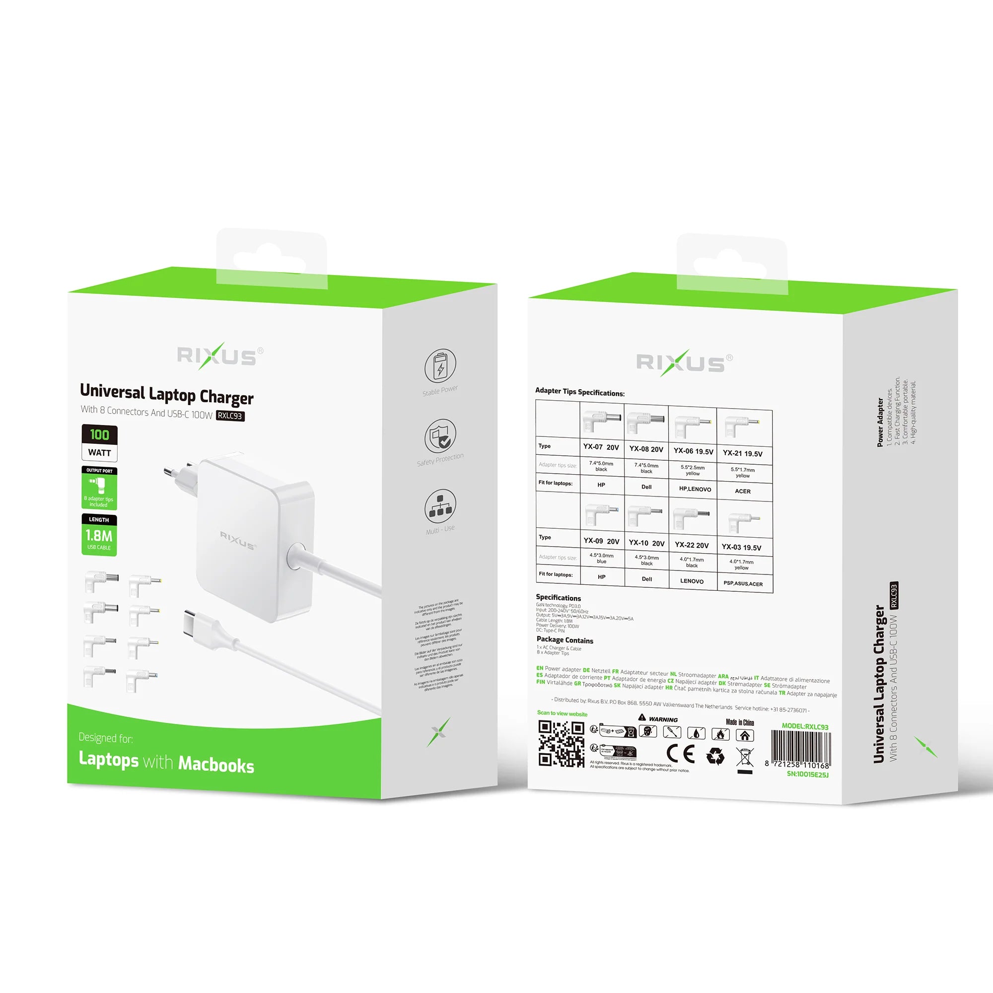 Rixus RXLC93 Universal Laptop Ladegerät 100W mit 8 Anschlüssen – Weiss