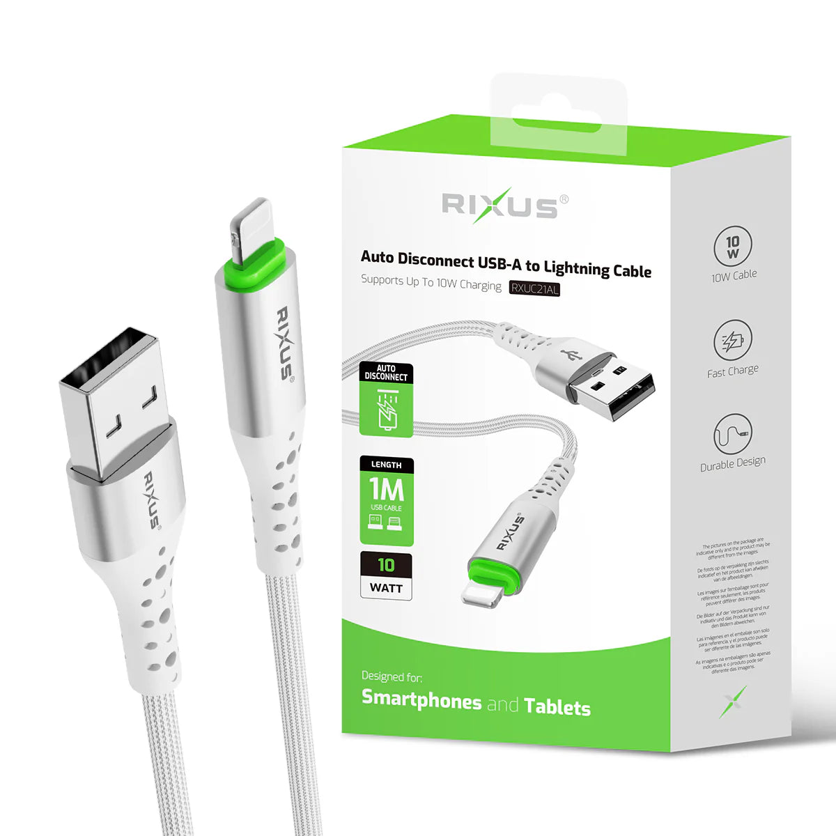 Rixus RXUC21AL USB-A zu Lightning Kabel (100cm, Weiss) – Auto Disconnect, 10W