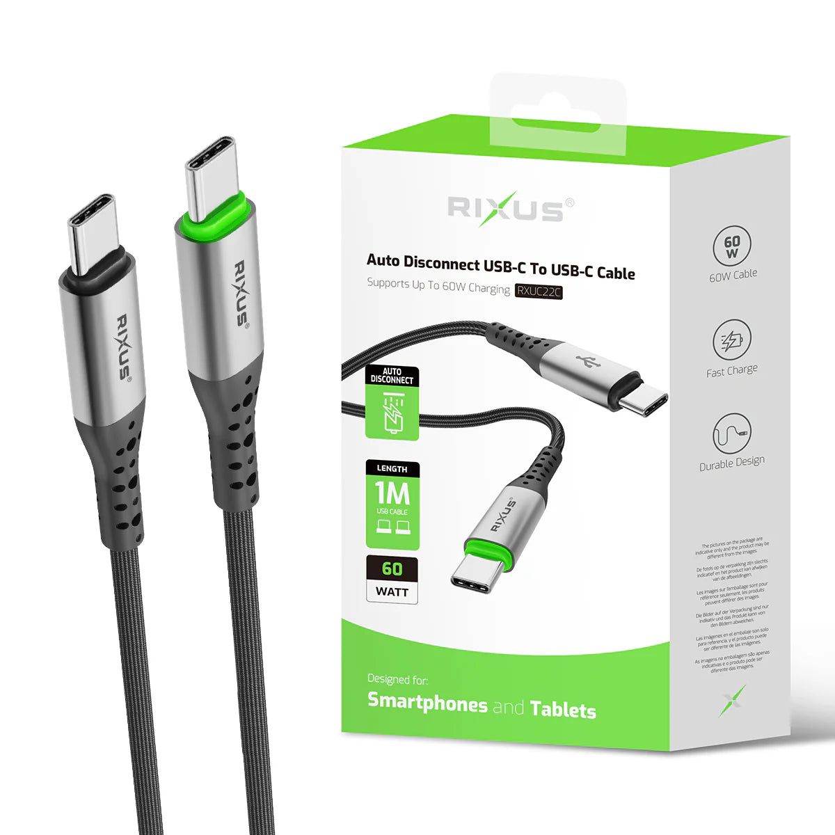 Rixus USB-C zu USB-C Kabel (100cm, Schwarz) – Auto Disconnect, 60W - Phonebazaar