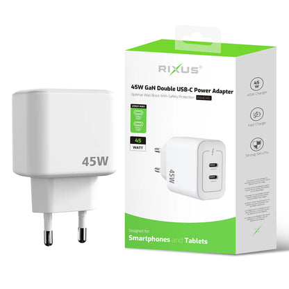 Rixus 45W GaN Dual USB-C Schnellladeadapter – White