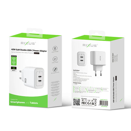 Rixus 45W GaN Dual USB-C Schnellladeadapter – White