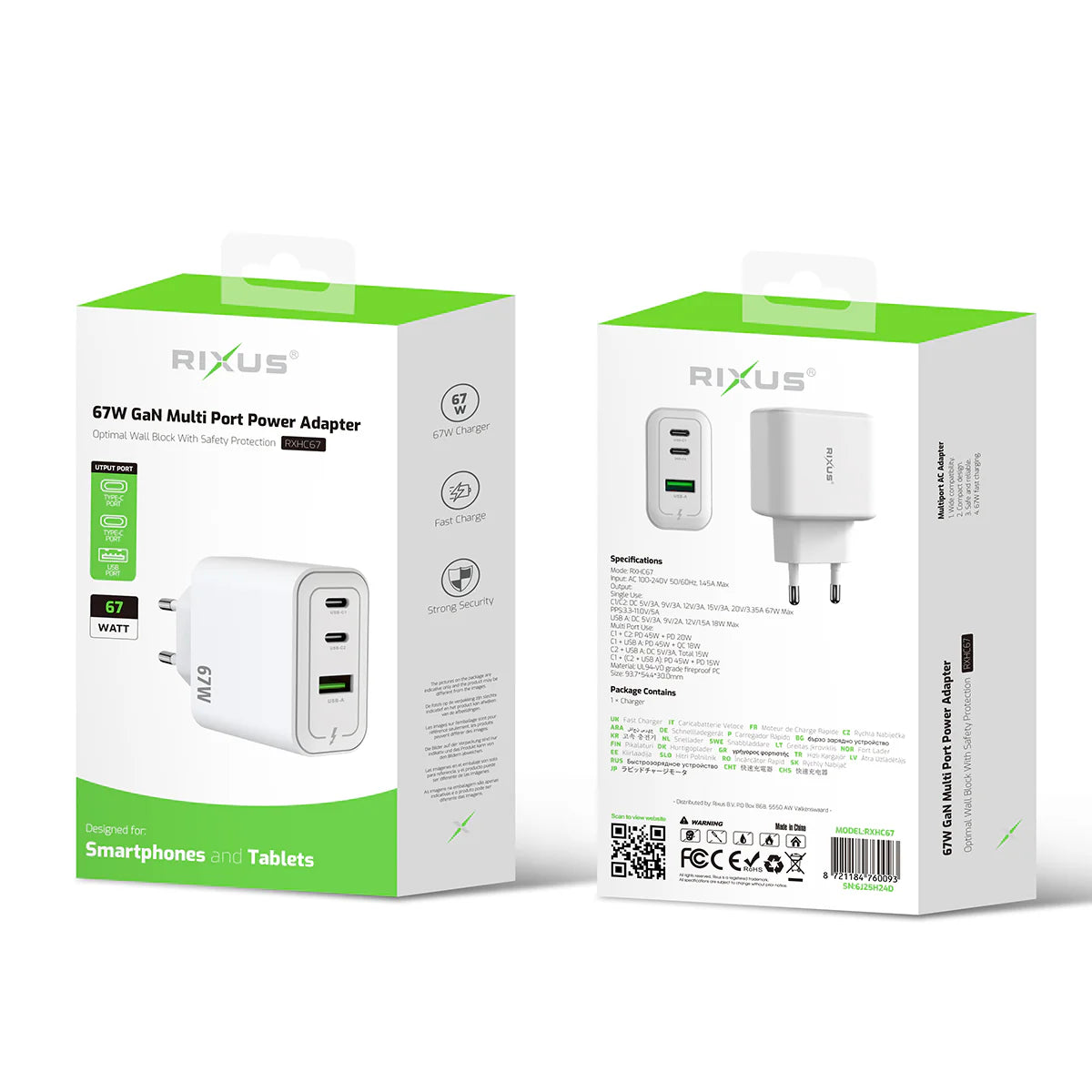 Rixus RXHC67, 65W GaN Multi Port Power Adapter Weiss
