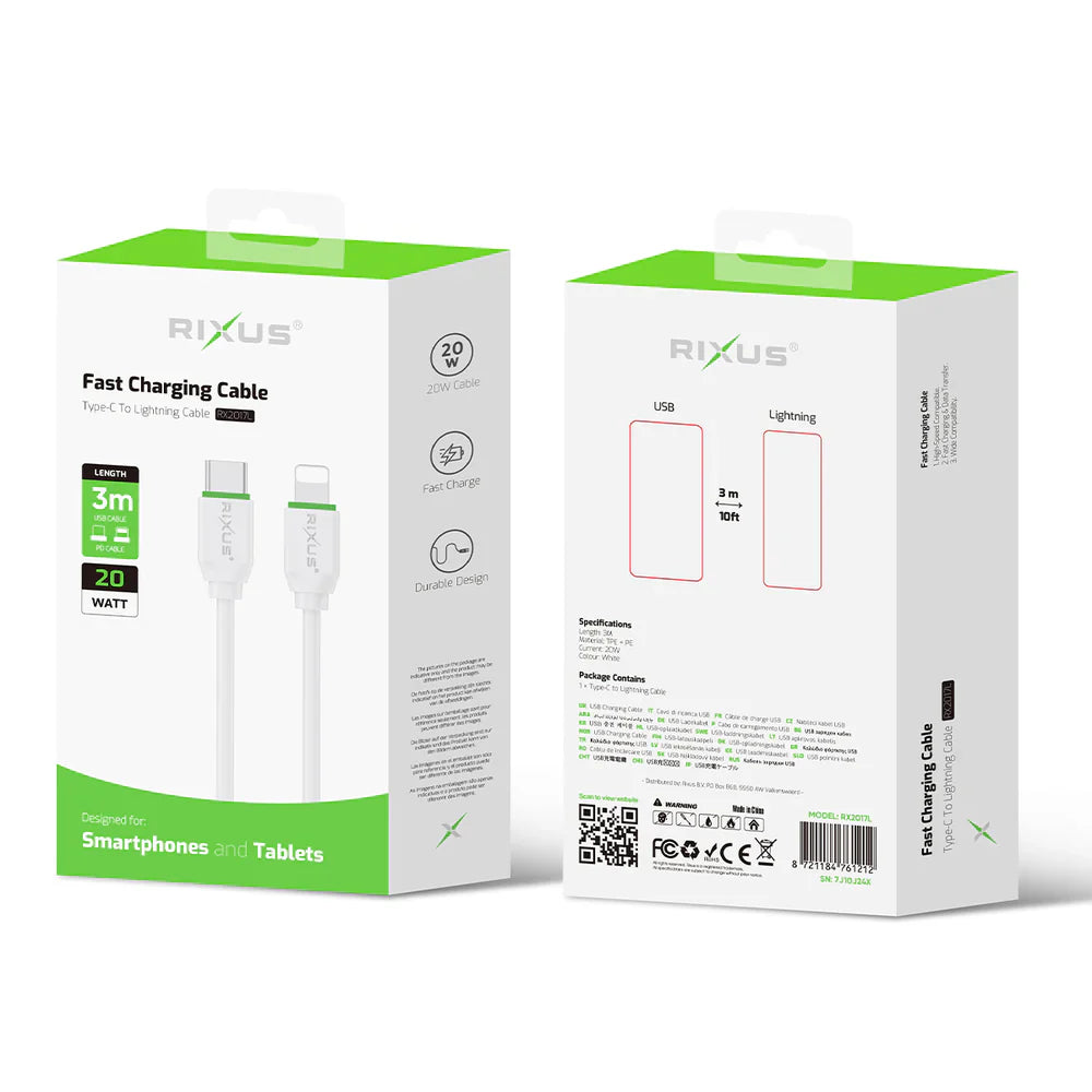 Rixus RX2017AC 3 Meter USB auf Type-C Daten- und Schnellladekabel