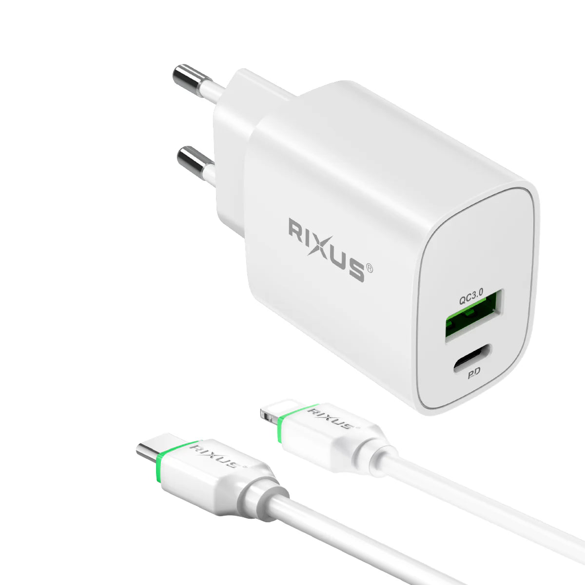 Rixus RX90L Adapter mit USB-C + USB-A Ausgang und Lightning Kabel 100cm 20W - Phonebazaar