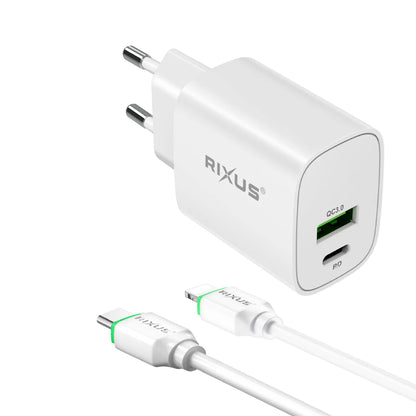 Rixus RX90L Adapter mit USB-C + USB-A Ausgang und Lightning Kabel 100cm 20W - Phonebazaar