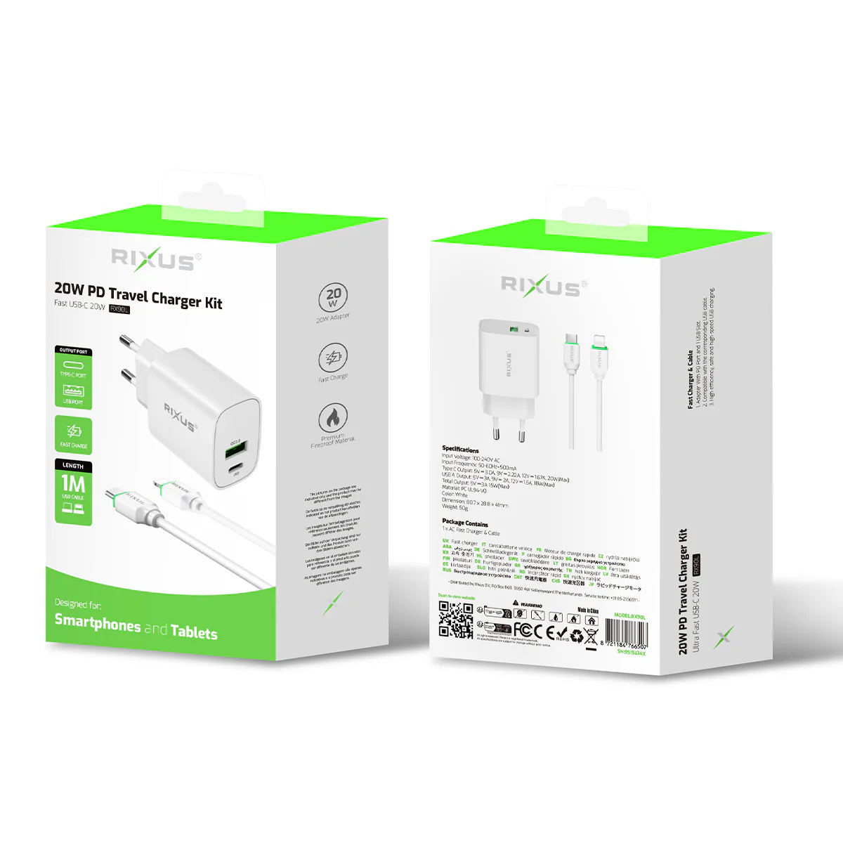 Rixus RX90L Adapter mit USB-C + USB-A Ausgang und Lightning Kabel 100cm 20W - Phonebazaar