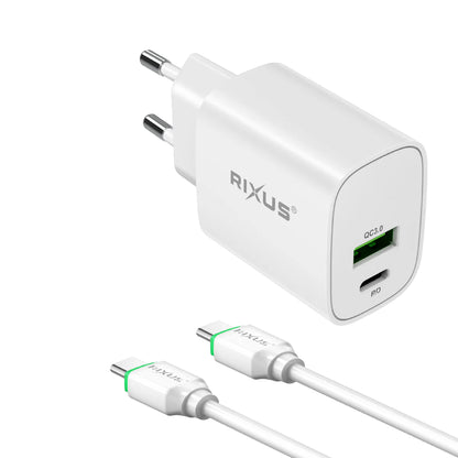 Rixus RX90CC 20W USB-C Ladeadapter Set mit USB-C zu USB-C Kabel – 1 m Weiss