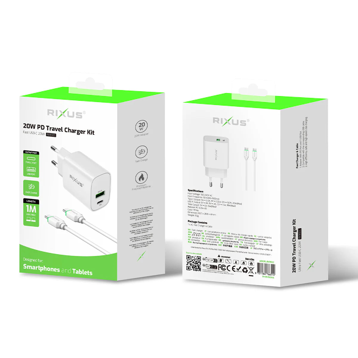 Rixus RX90CC 20W USB-C Ladeadapter Set mit USB-C zu USB-C Kabel – 1 m Weiss