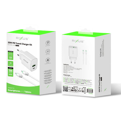 Rixus RX90CC 20W USB-C Ladeadapter Set mit USB-C zu USB-C Kabel – 1 m Weiss