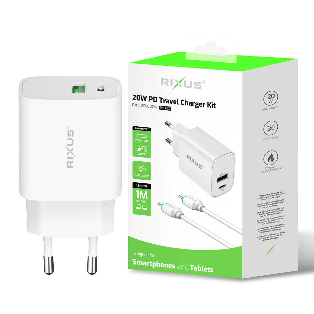 Rixus RX90CC 20W USB-C Ladeadapter Set mit USB-C zu USB-C Kabel – 1 m Weiss