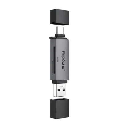 Rixus  4-in-1 USB 3.0 &amp; USB-C SD/TF Kartenleser – Space Grau - Phonebazaar