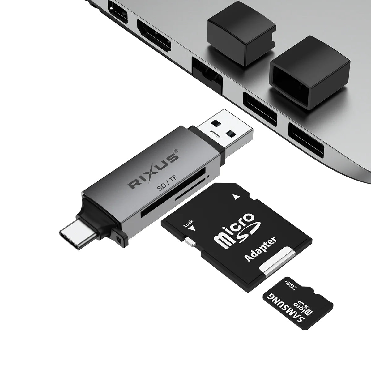 Rixus  4-in-1 USB 3.0 &amp; USB-C SD/TF Kartenleser – Space Grau - Phonebazaar