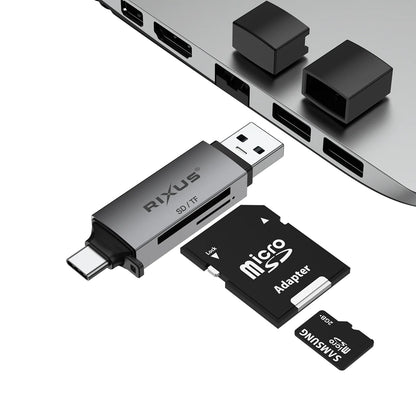 Rixus  4-in-1 USB 3.0 &amp; USB-C SD/TF Kartenleser – Space Grau - Phonebazaar