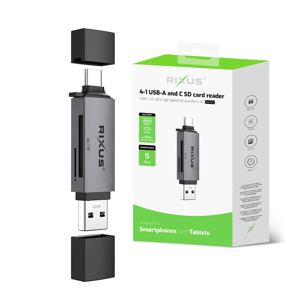 Rixus  4-in-1 USB 3.0 &amp; USB-C SD/TF Kartenleser – Space Grau - Phonebazaar