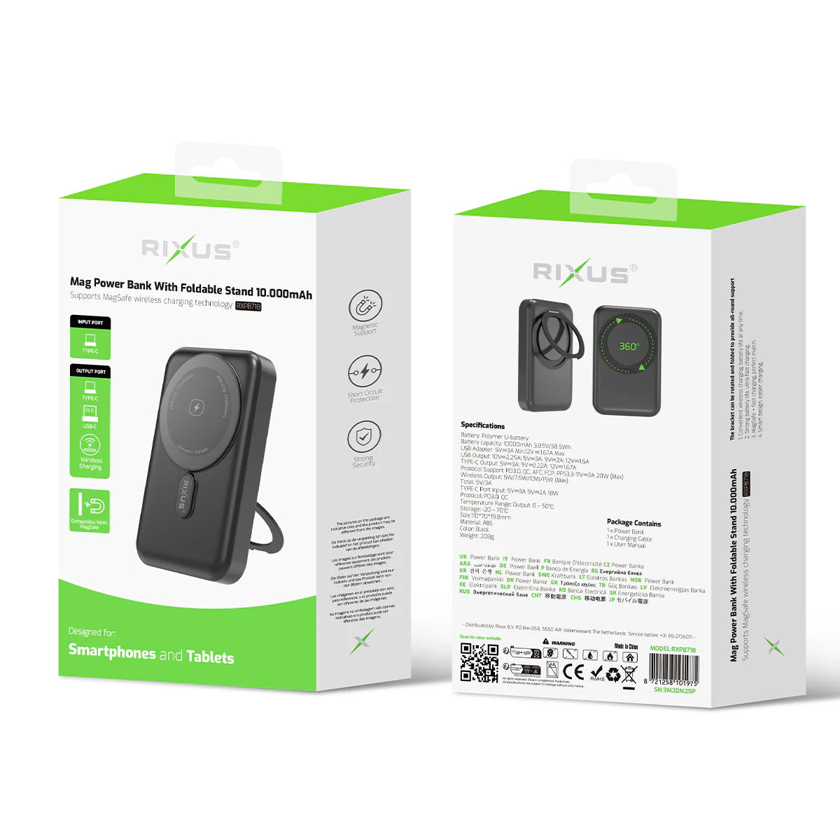 Rixus | MagSafe Powerbank 10.000mAh mit faltbarem Standfuss – Schwarz (RXPB71B)