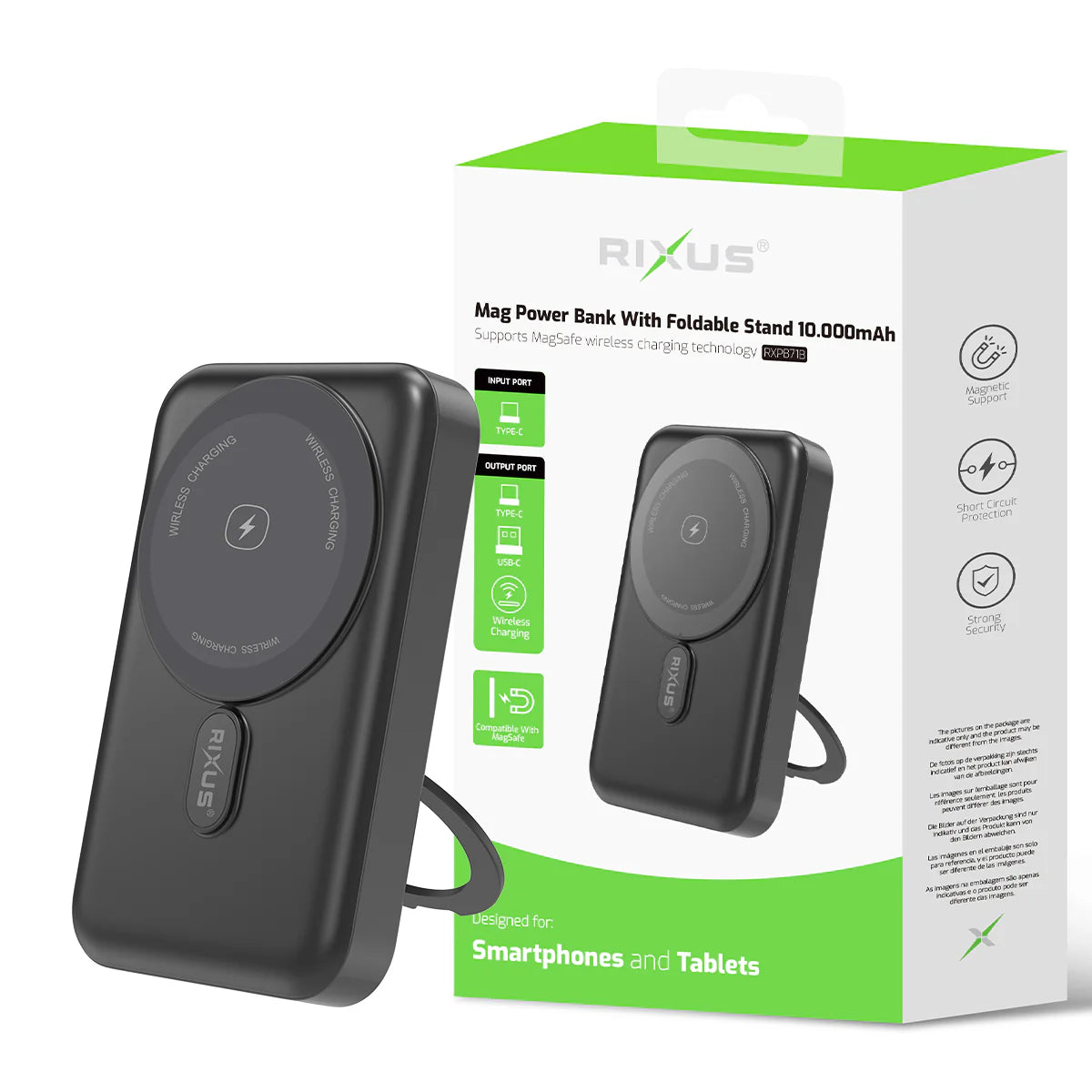 Rixus | MagSafe Powerbank 10.000mAh mit faltbarem Standfuss – Schwarz (RXPB71B)