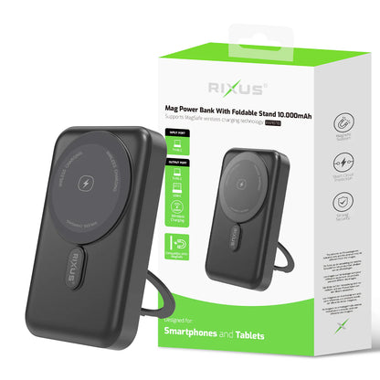 Rixus | MagSafe Powerbank 10.000mAh mit faltbarem Standfuss – Schwarz (RXPB71B)