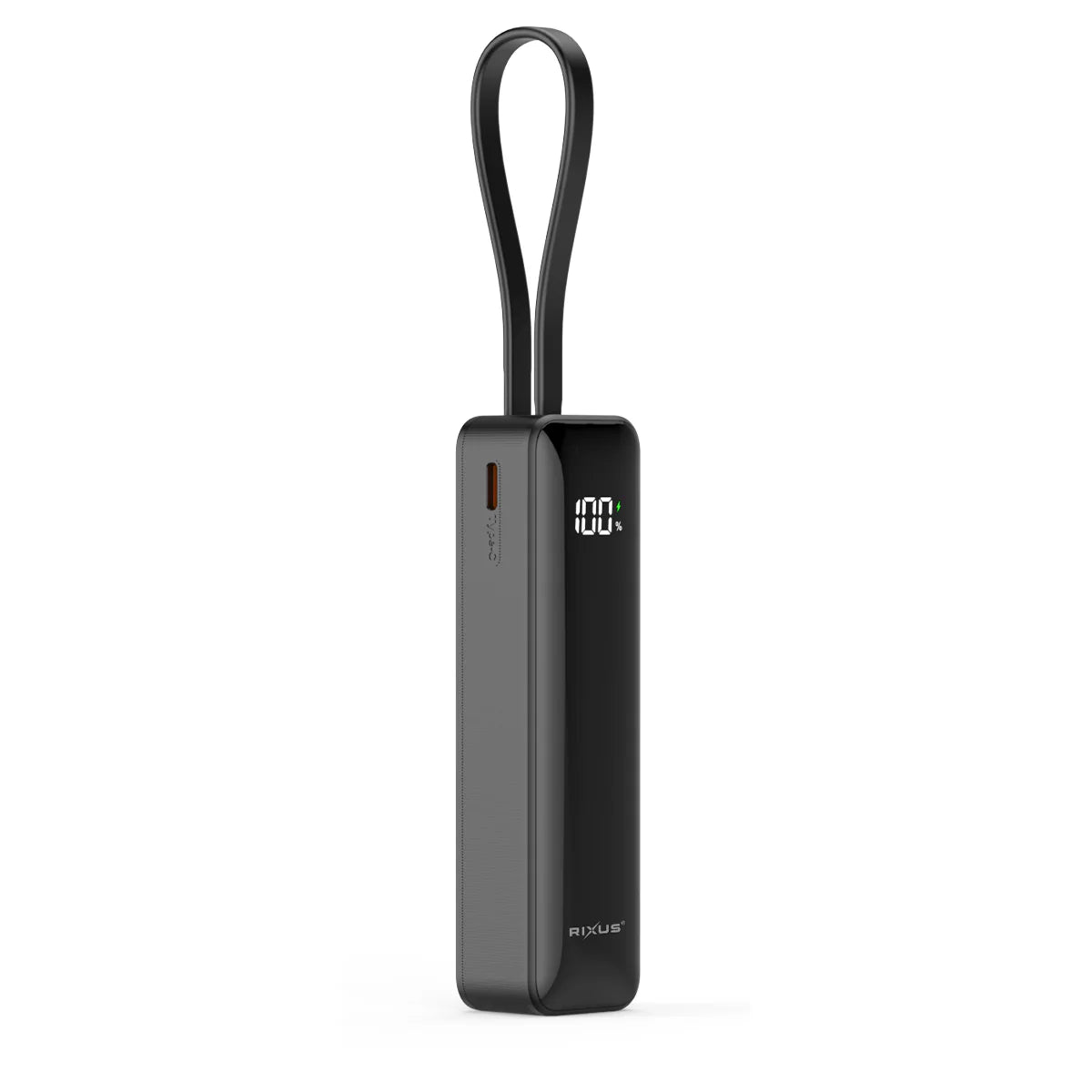 Rixus | Powerbank 5000mAh mit Digitaldisplay & integriertem USB-C Kabel – Schwarz