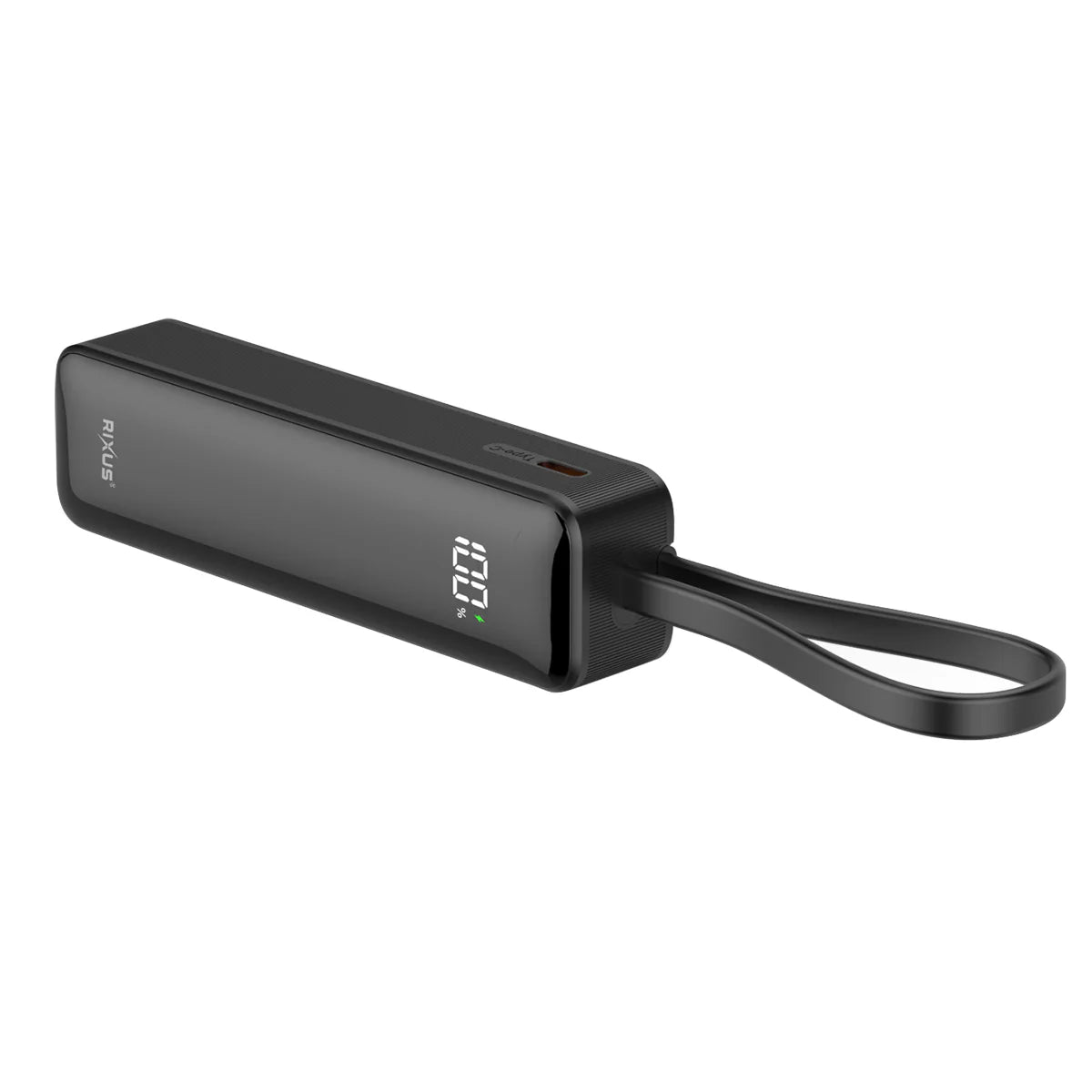Rixus | Powerbank 5000mAh mit Digitaldisplay & integriertem USB-C Kabel – Schwarz