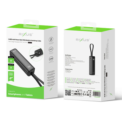 Rixus | Powerbank 5000mAh mit Digitaldisplay & integriertem USB-C Kabel – Schwarz