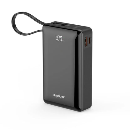 Rixus | Powerbank 20.000mAh mit Digitaldisplay & integriertem USB-C Kabel – Schwarz