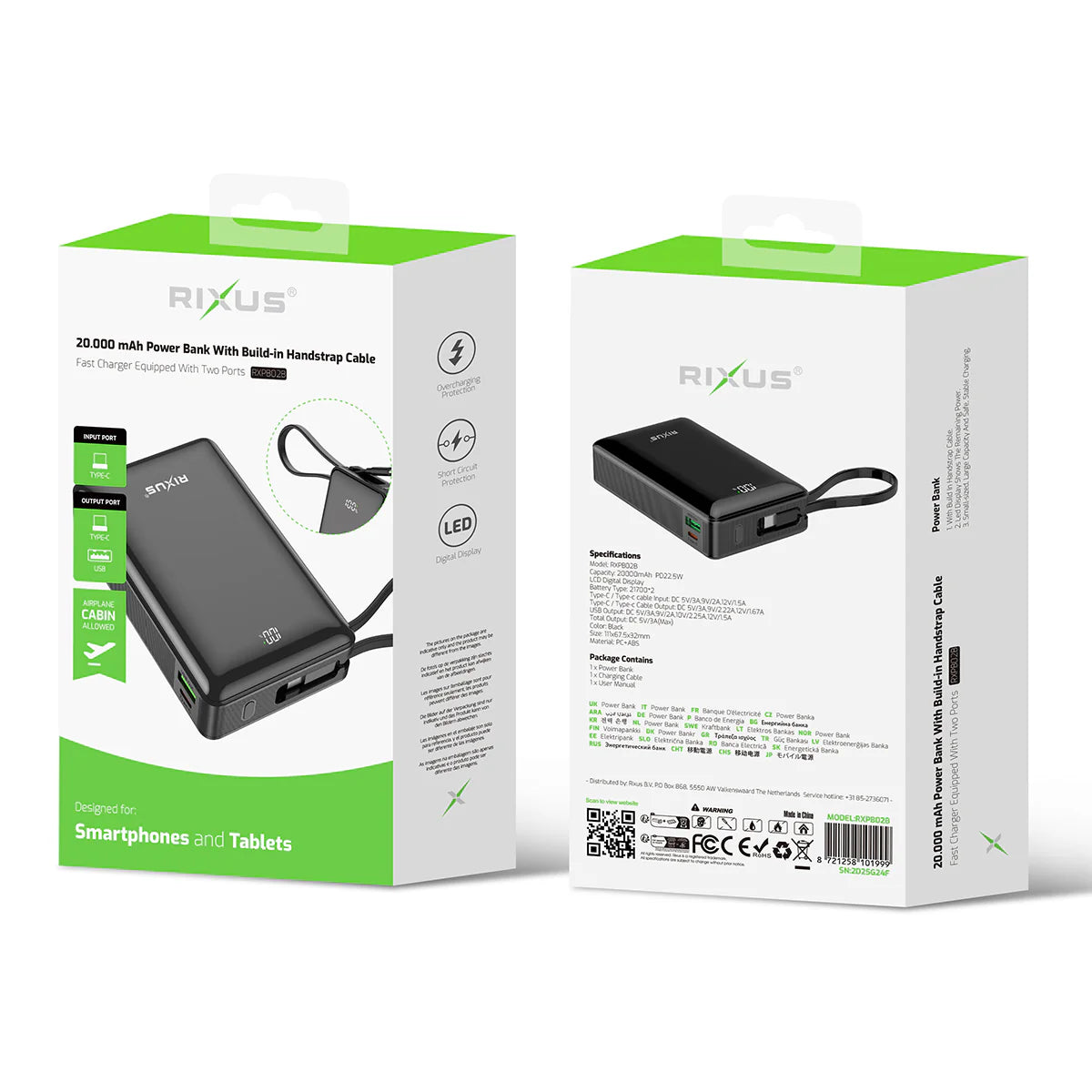 Rixus | Powerbank 20.000mAh mit Digitaldisplay & integriertem USB-C Kabel – Schwarz