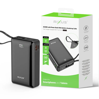 Rixus | Powerbank 20.000mAh mit Digitaldisplay & integriertem USB-C Kabel – Schwarz