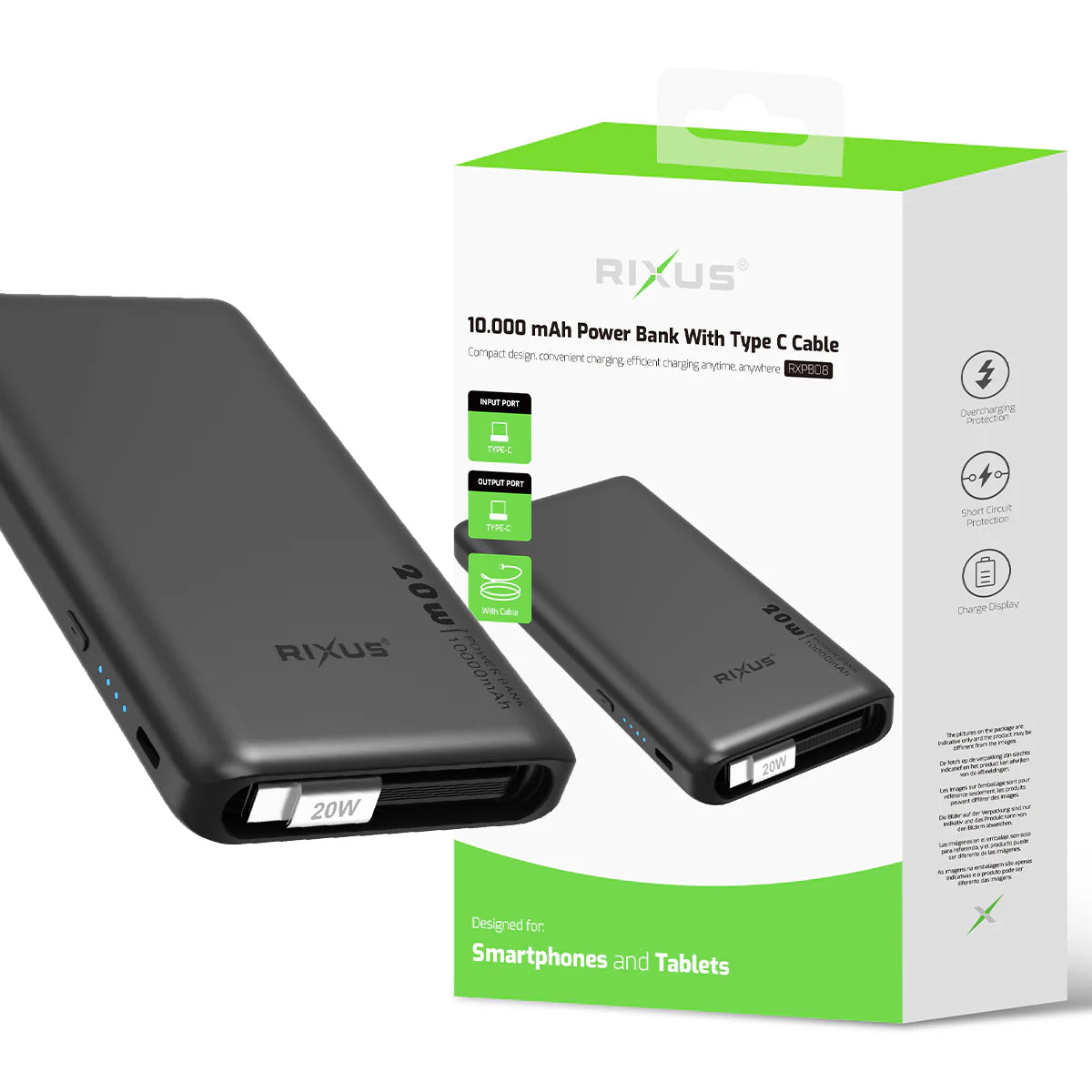 Rixus  Powerbank – Mit integriertem USB-C Kabel (70 cm), 10.000mAh, 22.5W, Schwarz - Phonebazaar