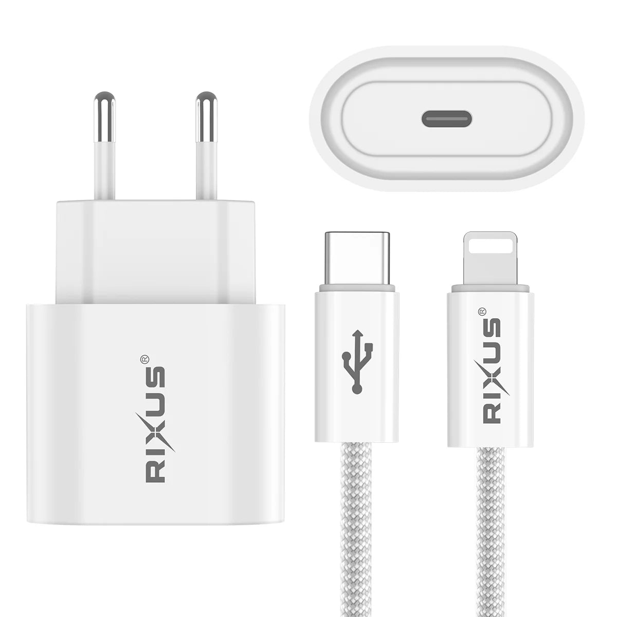 Rixus 30W GaN Ladegerät + USB-C zu Lightning Kabel (180cm, Weiss)
